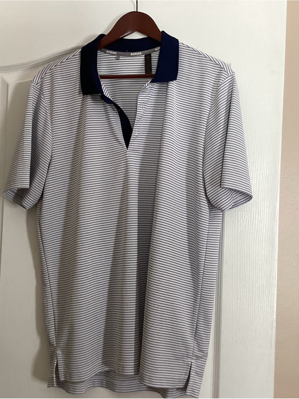 adidas Men’s White Polo with Navy Micro-Stripes and Navy Collar